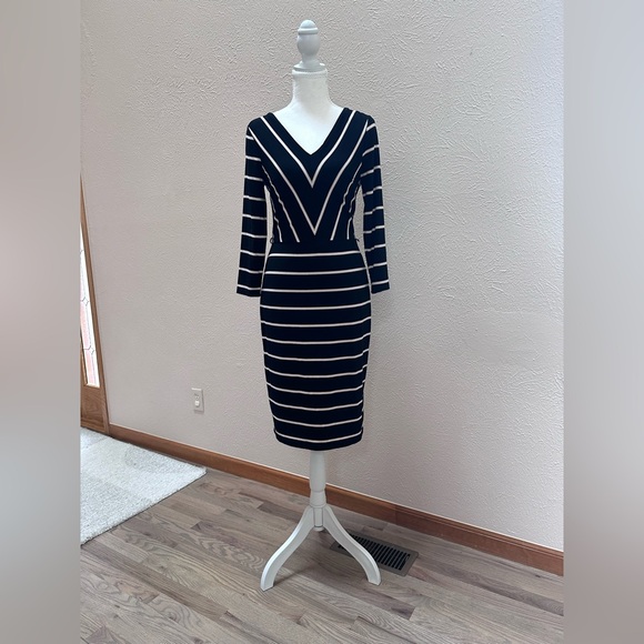White House Black Market Dresses & Skirts - White House Black Market Black White Tan Striped Long Sleeve Dress Size 4